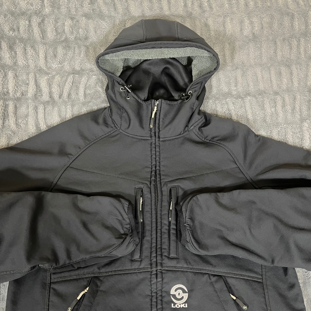 Loki Gear Black Hooded Softshell Jacket Fleece Lined Men Size S Face Mask Gloves